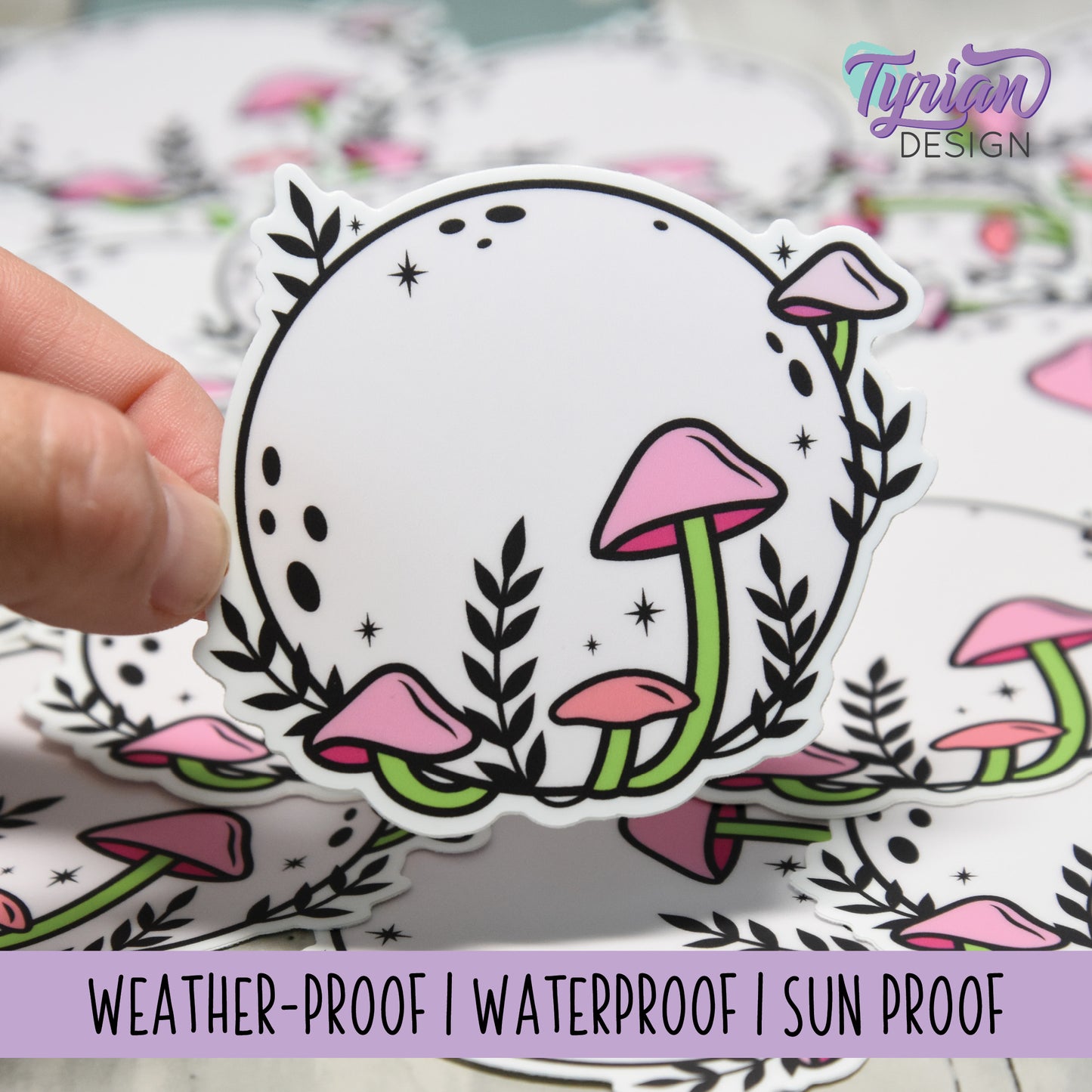 Pink Moon with Mushrooms Vinyl Sticker | High quality weather proof vinyl | 3 x 3" | Monotone Moon | Pastel sticker | Shades of Pink