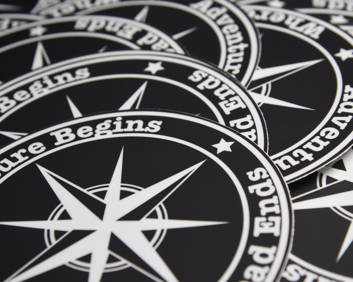 Adventure Begins Where The Road Ends Vinyl Sticker | High quality weather proof vinyl | 5 inch Round  Black Compass sticker