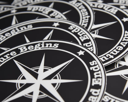 Adventure Begins Where The Road Ends Vinyl Sticker | High quality weather proof vinyl | 5 inch Round  Black Compass sticker