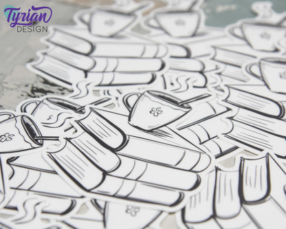 Book Stack with cup Vinyl Sticker | Journal Stack | Coffee or Tea | High quality weather proof vinyl | 2.25x3 inches