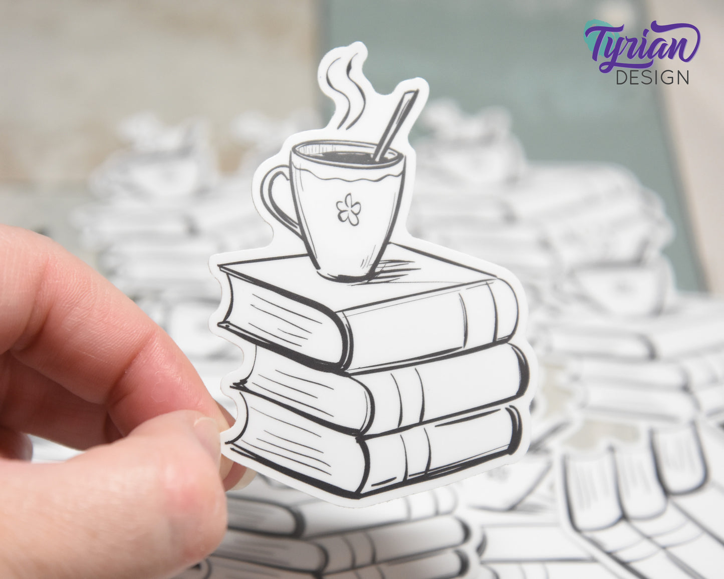 Book Stack with cup Vinyl Sticker | Journal Stack | Coffee or Tea | High quality weather proof vinyl | 2.25x3 inches