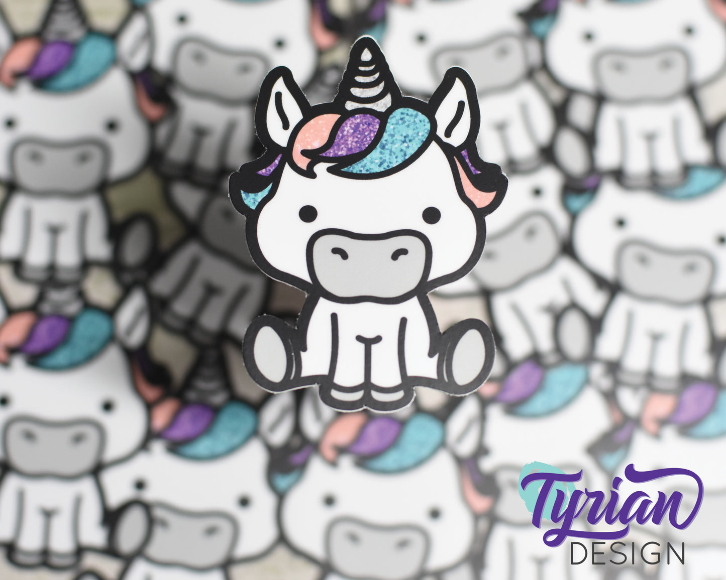 Unicorn with digital glitter Vinyl Sticker | Small, high quality weather proof vinyl. 2.25 x 3 inches