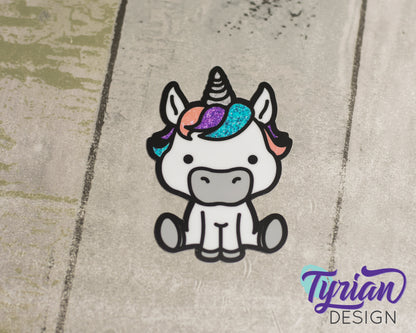 Unicorn with digital glitter Vinyl Sticker | Small, high quality weather proof vinyl. 2.25 x 3 inches