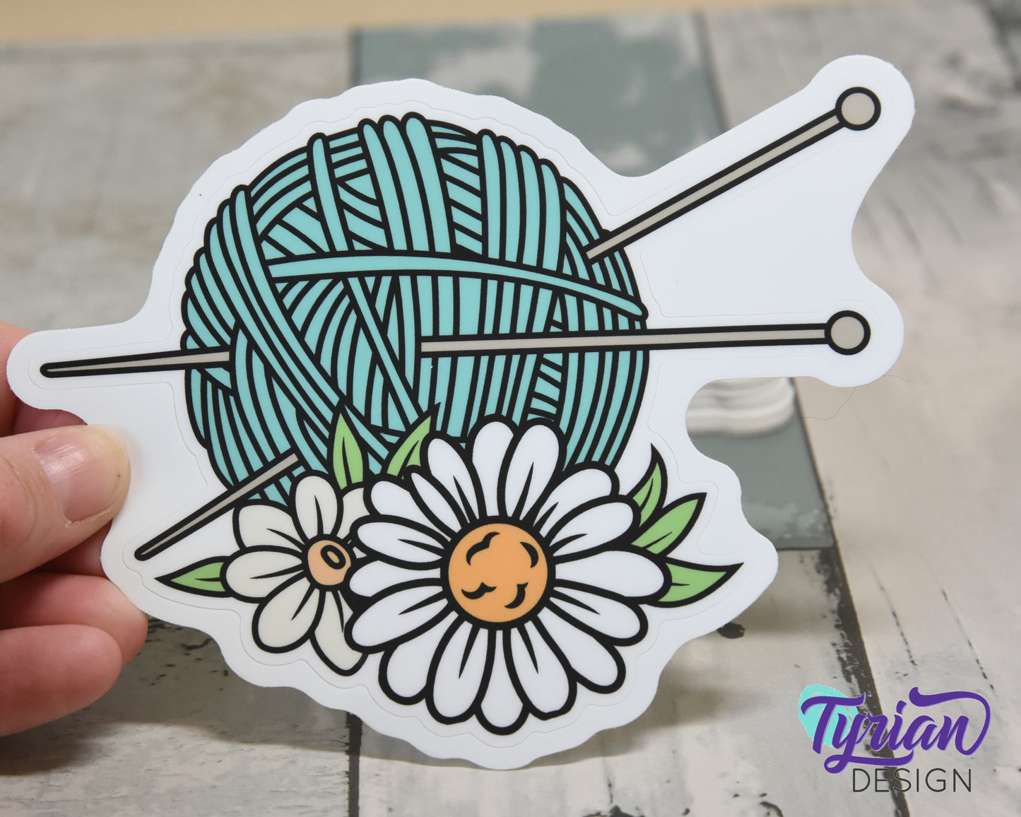 Knitting Vinyl Sticker | high quality weather proof vinyl | 5.25 x 4" | Yarn with Needles and Daisy flowers