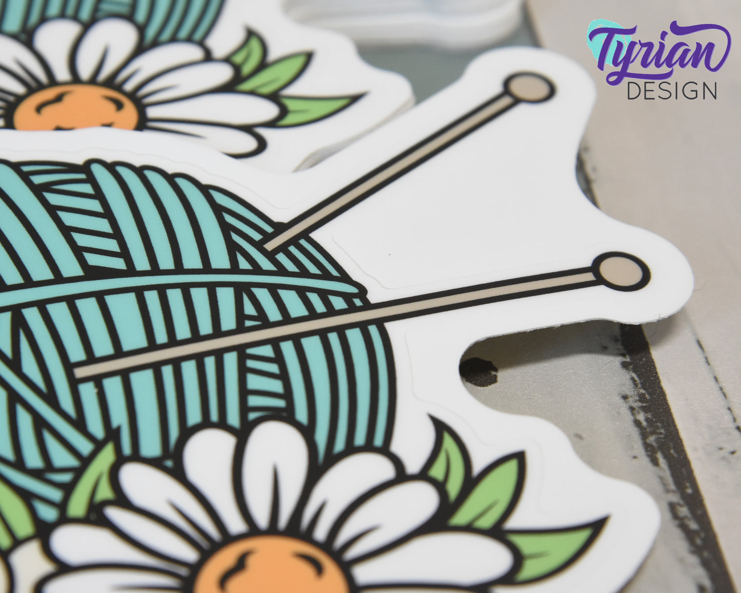 Knitting Vinyl Sticker | high quality weather proof vinyl | 5.25 x 4" | Yarn with Needles and Daisy flowers