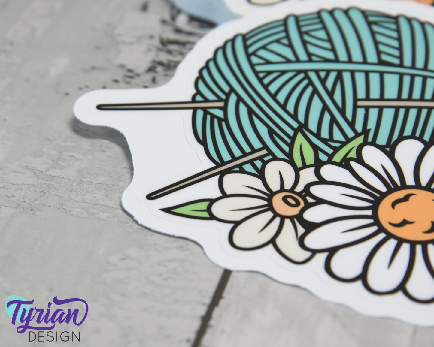 Knitting Vinyl Sticker | high quality weather proof vinyl | 5.25 x 4" | Yarn with Needles and Daisy flowers