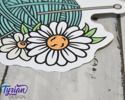 Knitting Vinyl Sticker | high quality weather proof vinyl | 5.25 x 4" | Yarn with Needles and Daisy flowers