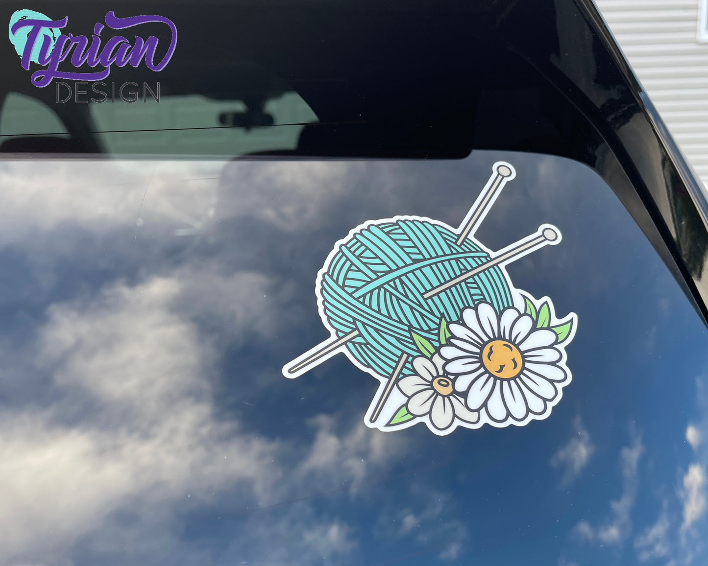 Knitting Vinyl Sticker | high quality weather proof vinyl | 5.25 x 4" | Yarn with Needles and Daisy flowers