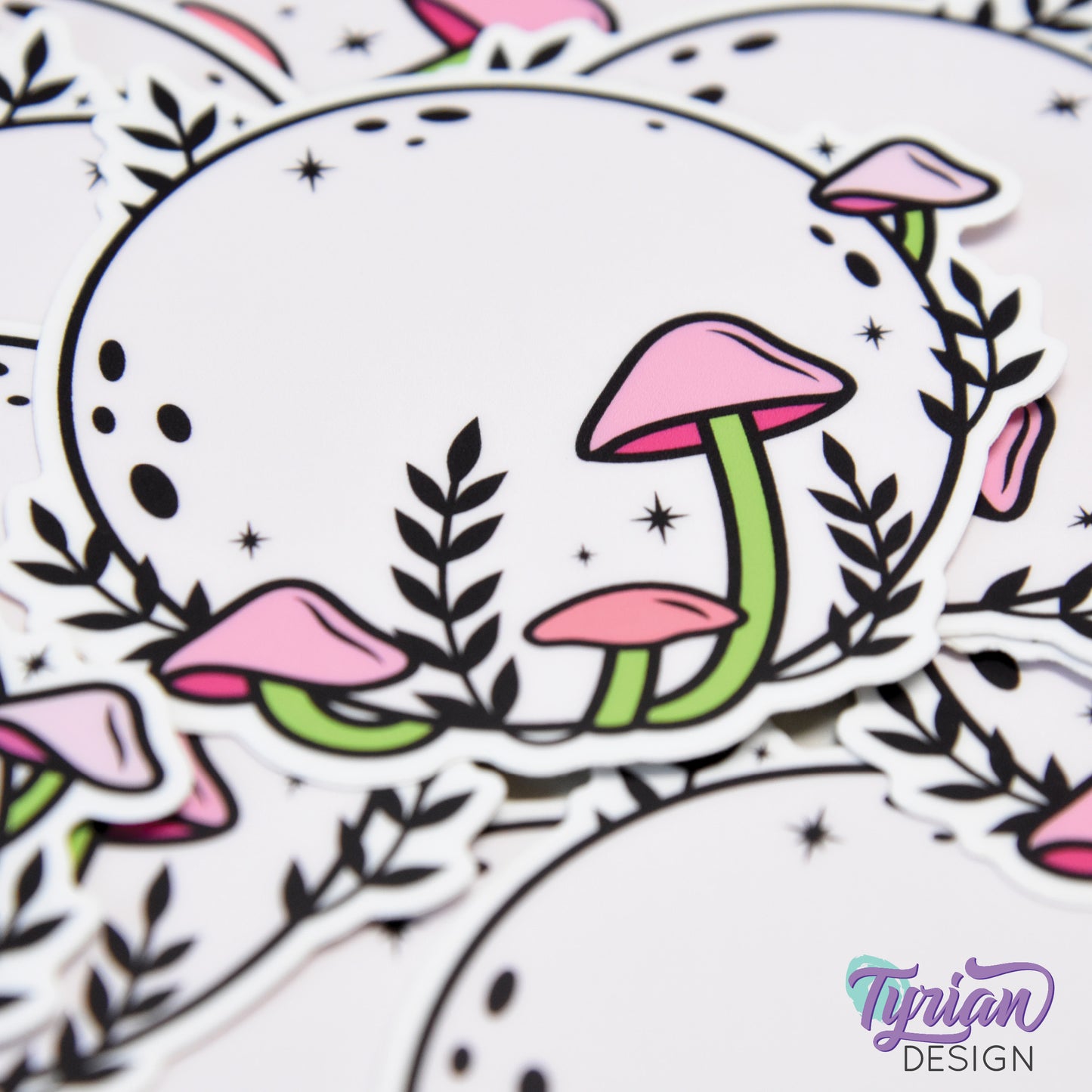 Pink Moon with Mushrooms Vinyl Sticker | High quality weather proof vinyl | 3 x 3" | Monotone Moon | Pastel sticker | Shades of Pink