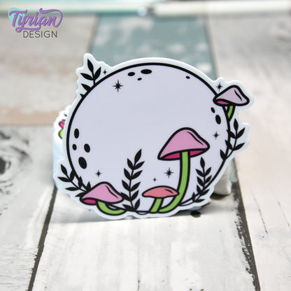 Pink Moon with Mushrooms Vinyl Sticker | High quality weather proof vinyl | 3 x 3" | Monotone Moon | Pastel sticker | Shades of Pink