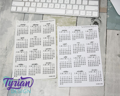 Small Monthly Stickers (Sunday Start) January - December 2025, 2026, 2027, 2028, 2029, 2030