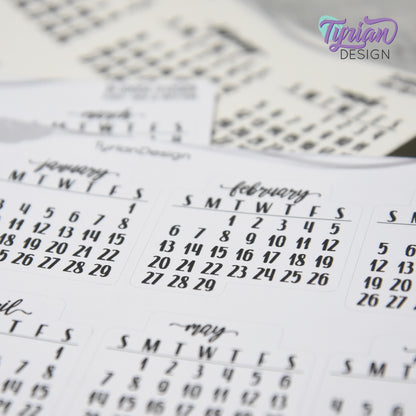 Small Monthly Stickers (Sunday Start) January - December 2025, 2026, 2027, 2028, 2029, 2030