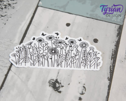 Wild Flowers Vinyl Sticker | high quality weather proof vinyl | 3 x 1.5" | Black and White Flower sticker